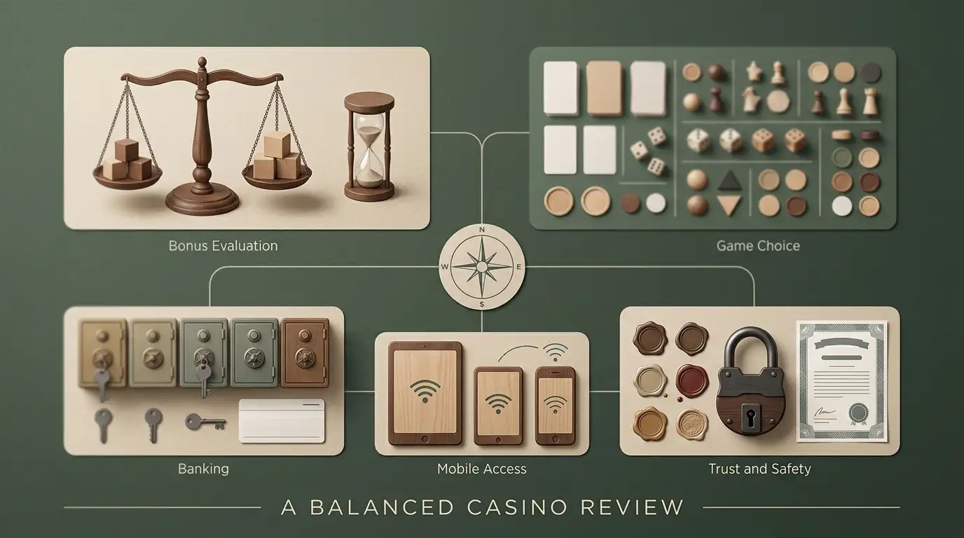 Educational decision map separating bonus, games, banking, mobile access and trust checks